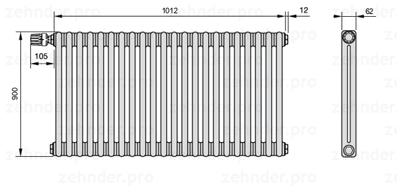 Схема (чертеж) Радиатор Zehnder Charleston 2090/22 №V011 Белый глянцевый RAL 9016